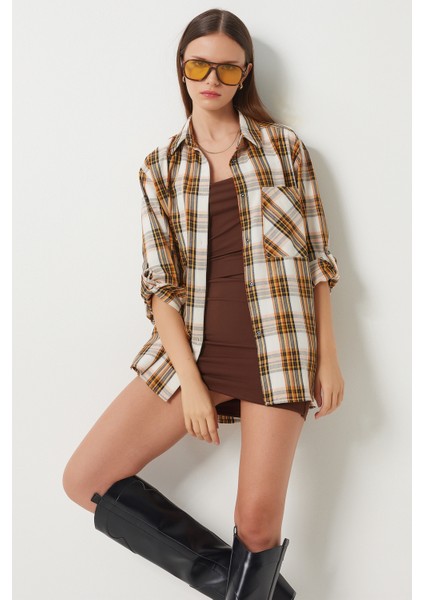 Kareli Oversize Dokuma Gömlek LXR0004 EKRU SARI