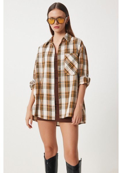 Kareli Oversize Dokuma Gömlek LXR0004 EKRU SARI modelleri