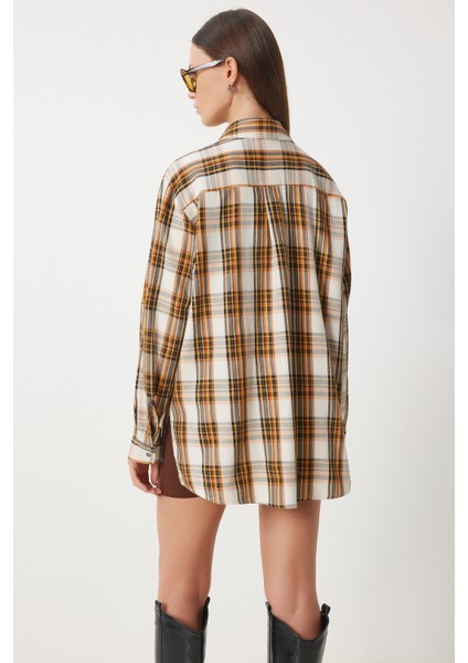 Kareli Oversize Dokuma Gömlek LXR0004 EKRU SARI