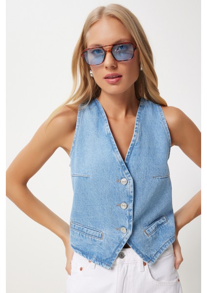 V Yaka Crop Denim Yelek