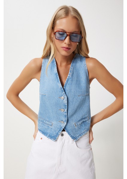 V Yaka Crop Denim Yelek