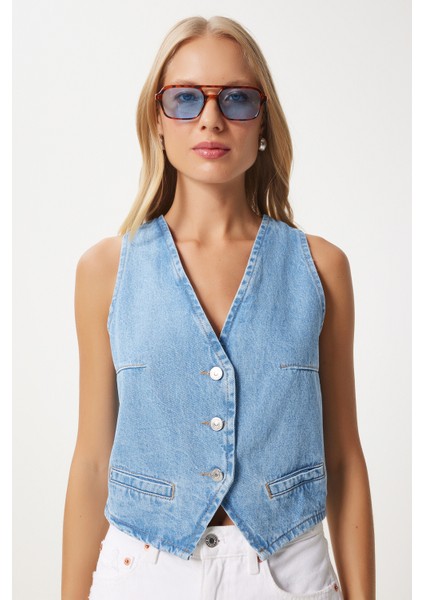 V Yaka Crop Denim Yelek