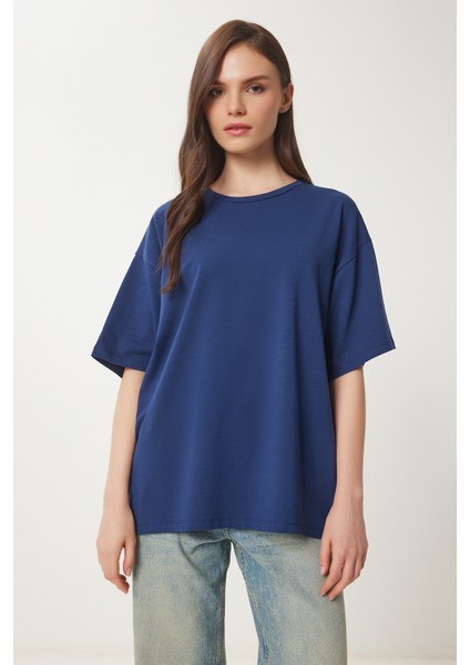 Basic Oversize Örme T-Shirt Lacivert LHW0003