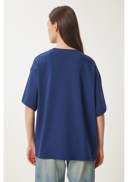 Basic Oversize Örme T-Shirt Lacivert LHW0003 fırsatları