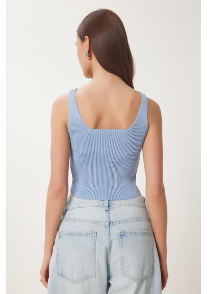 Gold Aksesuarlı Crop Fitilli Triko Bluz