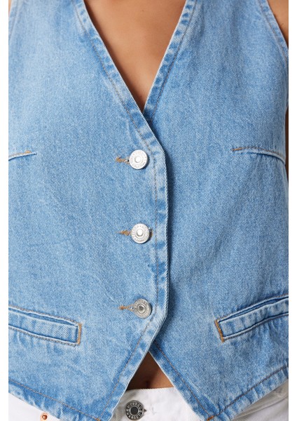V Yaka Crop Denim Yelek