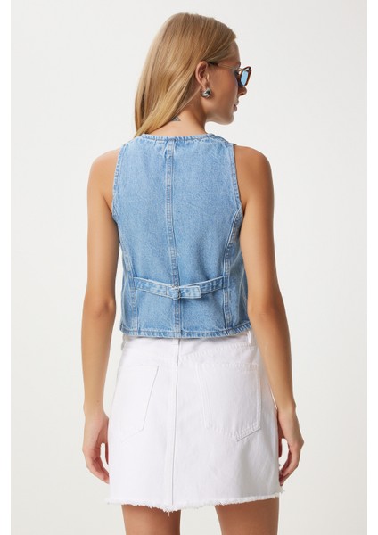 V Yaka Crop Denim Yelek