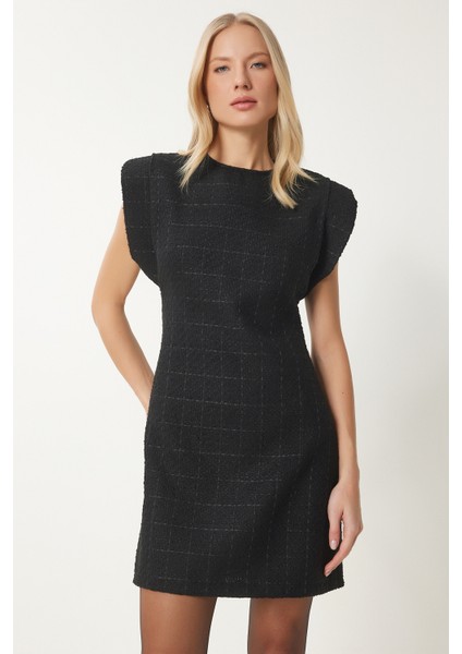 Vatkalı Mini Tüvit Dokuma Elbise LWF0023 SİYAH