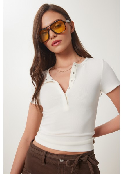 Çıtçıtlı Basic Örme Crop Bluz Kemik LFW0003