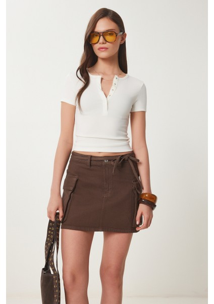 Çıtçıtlı Basic Örme Crop Bluz Kemik LFW0003