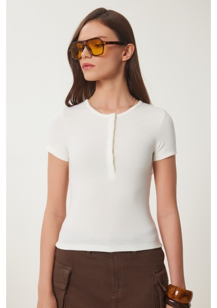 Çıtçıtlı Basic Örme Crop Bluz Kemik LFW0003