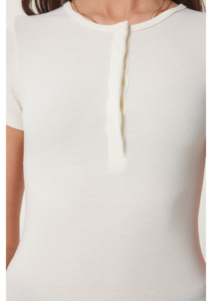 Çıtçıtlı Basic Örme Crop Bluz Kemik LFW0003