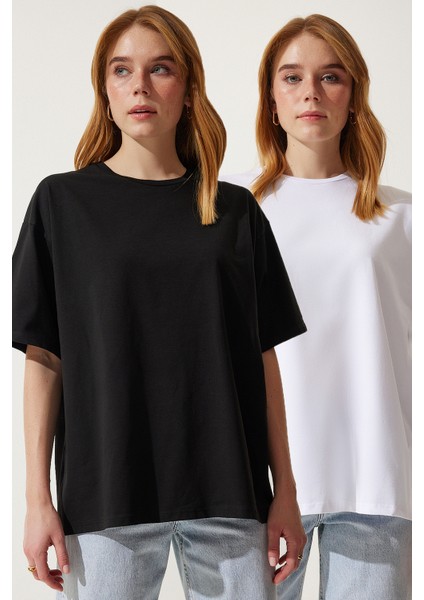 Basic Oversize 2'li Takım Örme T-Shirt Siyah Beyaz LHW0007 fiyatları