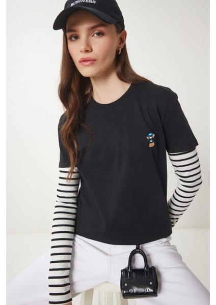 Ayıcık Işlemeli Pamuklu Örme T-Shirt