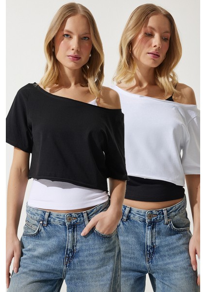 Kayık Yaka Basic Crop 2'li Paket Örme T-Shirt