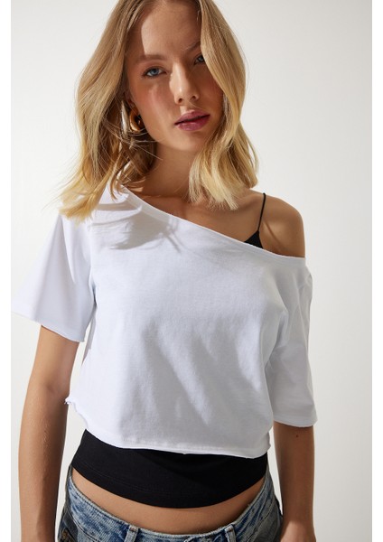Kayık Yaka Basic Crop 2'li Paket Örme T-Shirt modelleri