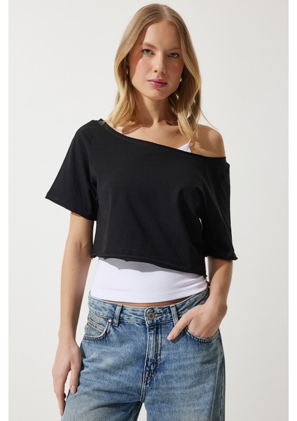 Kayık Yaka Basic Crop 2'li Paket Örme T-Shirt