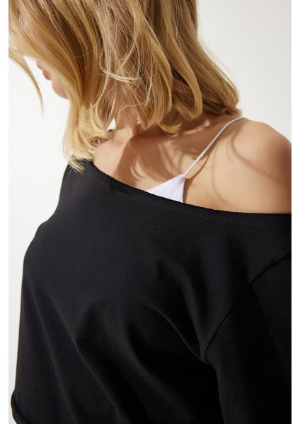 Kayık Yaka Basic Crop 2'li Paket Örme T-Shirt