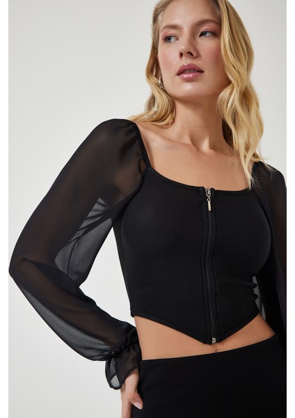 Şifon Balon Kollu Fermuarlı Crop bluz