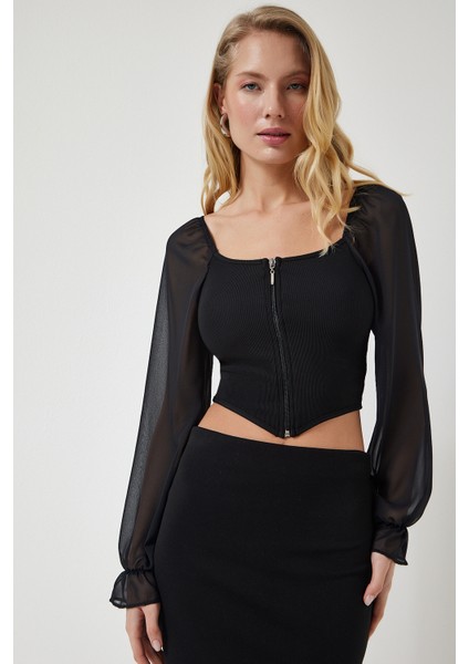 Şifon Balon Kollu Fermuarlı Crop bluz modelleri