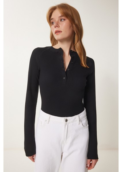 Düğmeli Fitilli Basic Örme Bluz