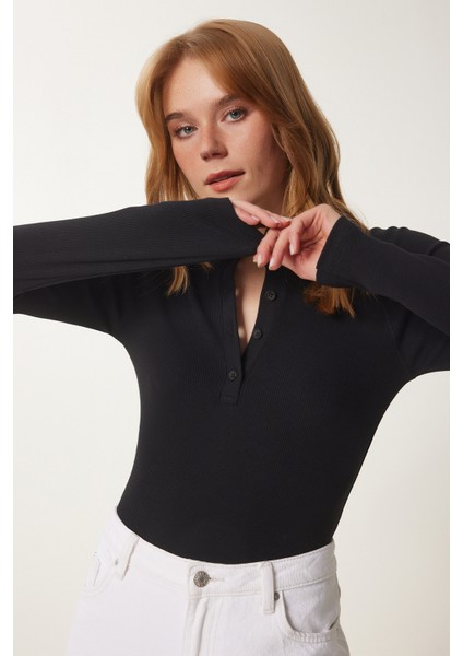 Düğmeli Fitilli Basic Örme Bluz