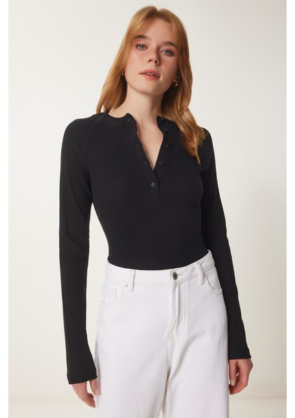 Düğmeli Fitilli Basic Örme Bluz