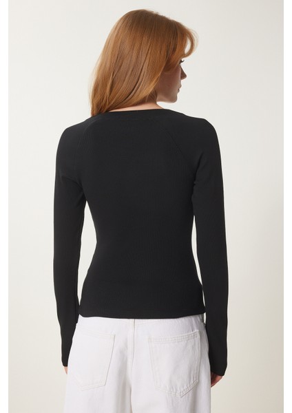 Düğmeli Fitilli Basic Örme Bluz