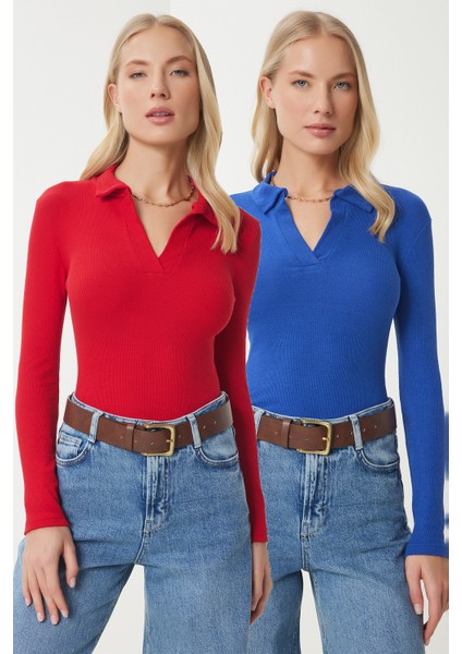Polo Yaka Fitilli 2'li Paket Örme Bluz