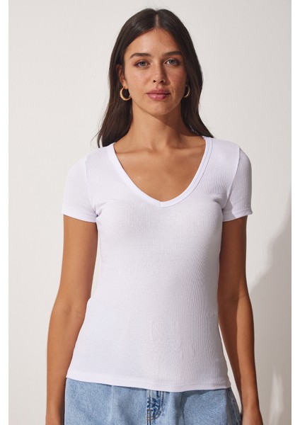V Yaka Örme T-Shirt