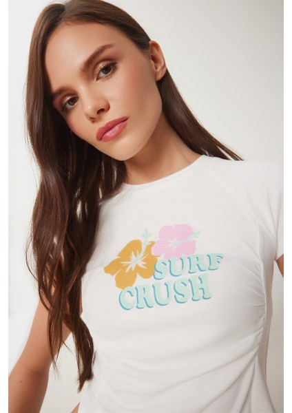 Baskılı Büzgülü Crop Örme T-Shirt