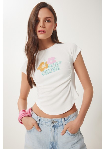 Baskılı Büzgülü Crop Örme T-Shirt fiyatları