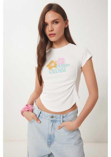 Baskılı Büzgülü Crop Örme T-Shirt modelleri