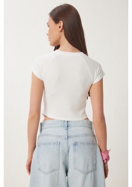 Baskılı Büzgülü Crop Örme T-Shirt fırsatları