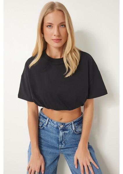 Lastikli Crop Örme T-Shirt