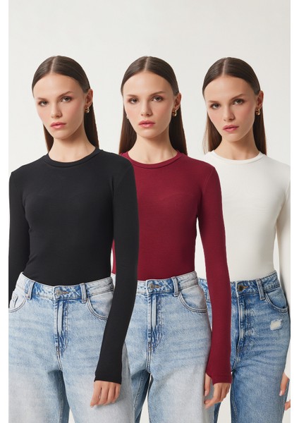 3'lü Paket Bisiklet Yaka Basic Örme Bluz