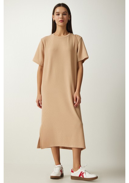 Bisiklet Yaka Örme Fitilli Elbise LDZ0024 BEJ