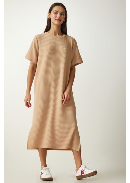 Bisiklet Yaka Örme Fitilli Elbise LDZ0024 BEJ fiyatları