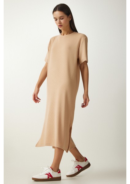 Bisiklet Yaka Örme Fitilli Elbise LDZ0024 BEJ modelleri