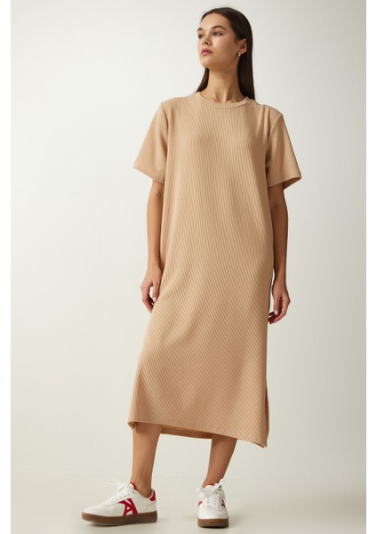 Bisiklet Yaka Örme Fitilli Elbise LDZ0024 BEJ fırsatları