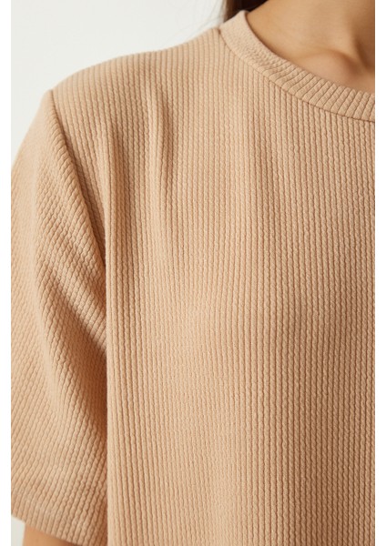 Bisiklet Yaka Örme Fitilli Elbise LDZ0024 BEJ indirimleri