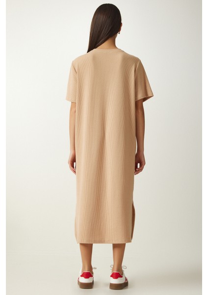Bisiklet Yaka Örme Fitilli Elbise LDZ0024 BEJ