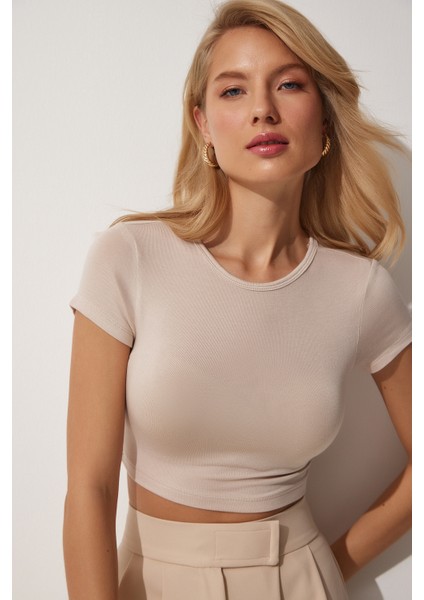 Bisiklet Yaka Crop Örme T-Shirt