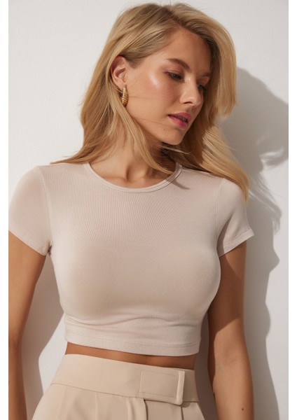 Bisiklet Yaka Crop Örme T-Shirt fiyatları