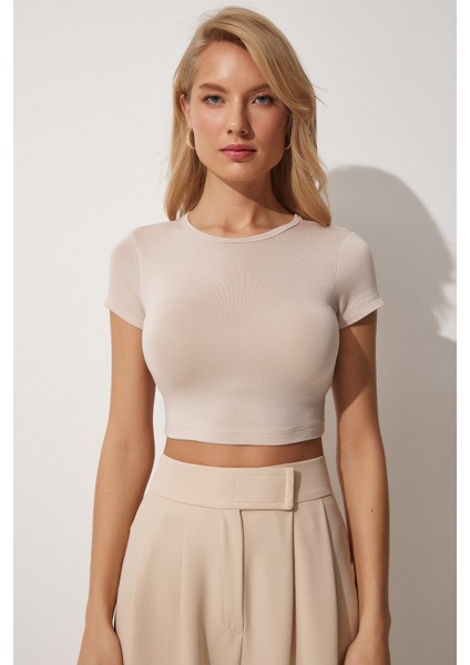 Bisiklet Yaka Crop Örme T-Shirt fırsatları