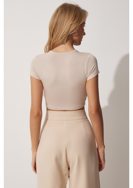 Bisiklet Yaka Crop Örme T-Shirt indirimleri