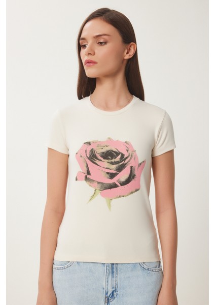 Çiçek Baskılı Örme T-Shirt modelleri