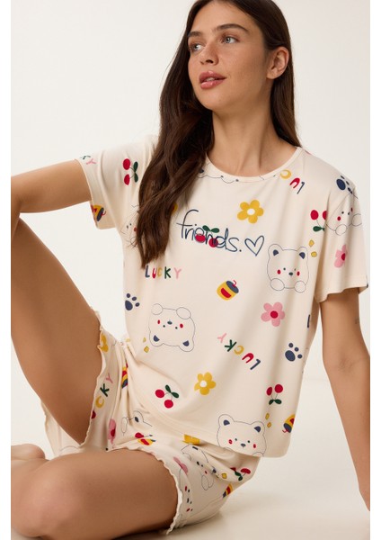 Desenli Şortlu Örme Pijama Takımı