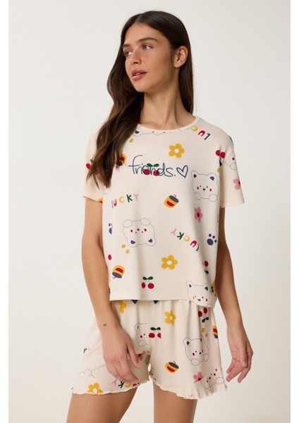 Desenli Şortlu Örme Pijama Takımı
