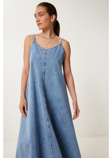 Askılı Denim Çan Elbise